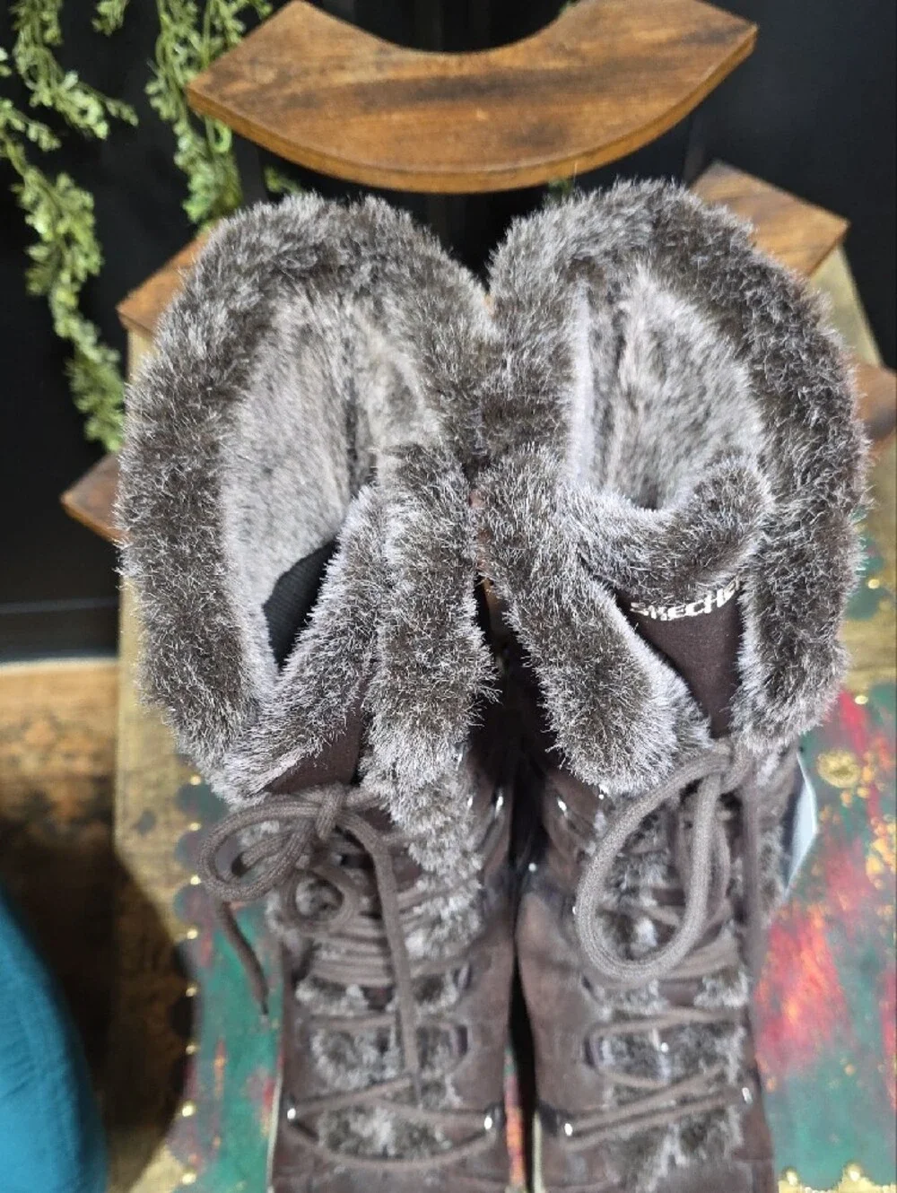 Skechers Women's Dark Brown Suede & Faux Fur-Lined Lace-Up Winter Boots